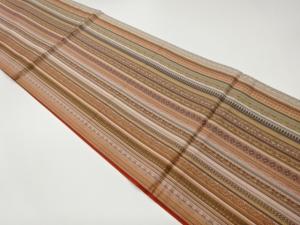 縞に菱・草花模様織出し全通袋帯